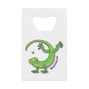 Cute happy green gecko greetings with bug cartoon credit card bottle opener