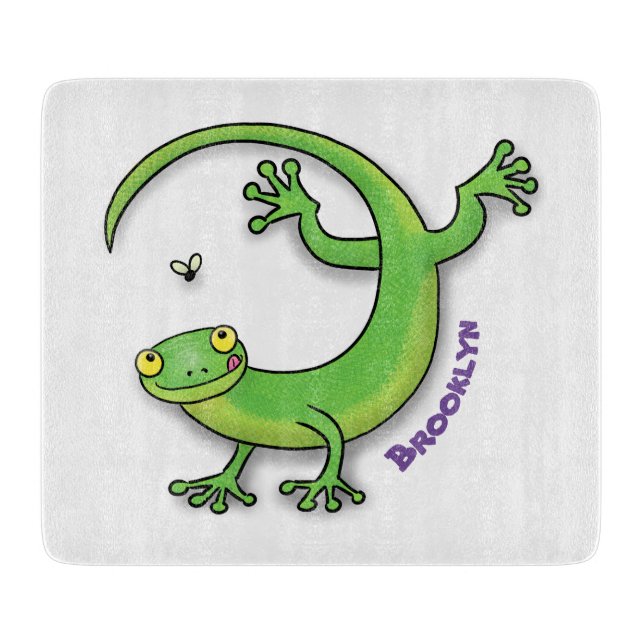 Cute happy green gecko greetings with bug cartoon cutting board (Front)