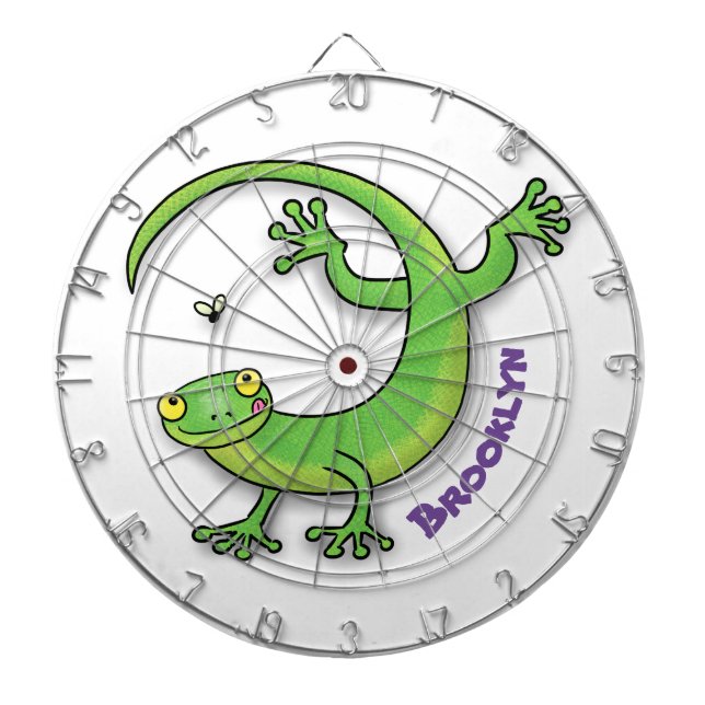 Cute happy green gecko greetings with bug cartoon dartboard (Front)