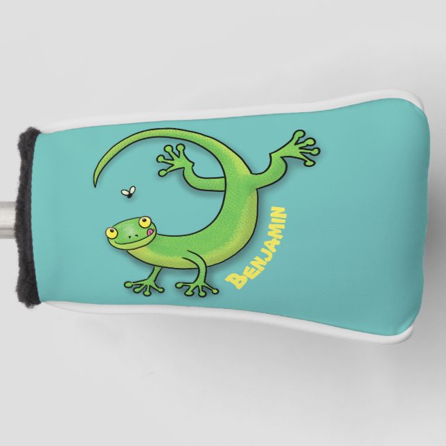 Cute happy green gecko greetings with bug cartoon golf head cover (Front)