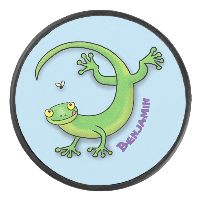 Cute happy green gecko greetings with bug cartoon hockey puck (Front)