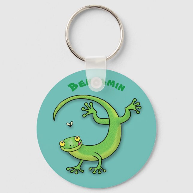 Cute happy green gecko greetings with bug cartoon keychain (Front)