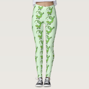 Cute happy green gecko greetings with bug cartoon leggings