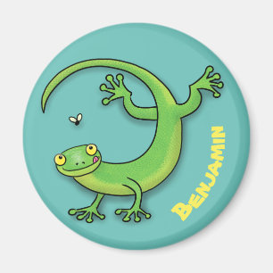 Cute happy green gecko greetings with bug cartoon magnet