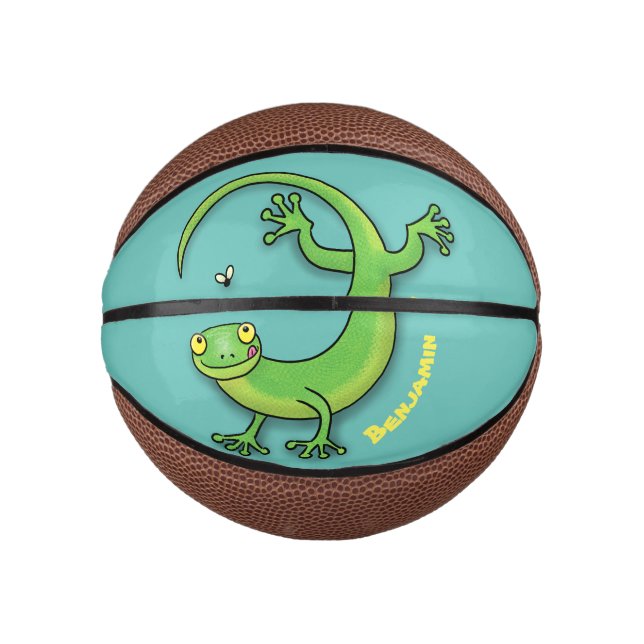 Cute happy green gecko greetings with bug cartoon  mini basketball (Front)