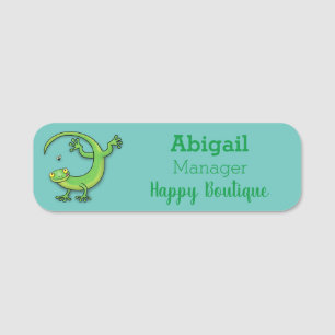 Cute happy green gecko greetings with bug cartoon name tag