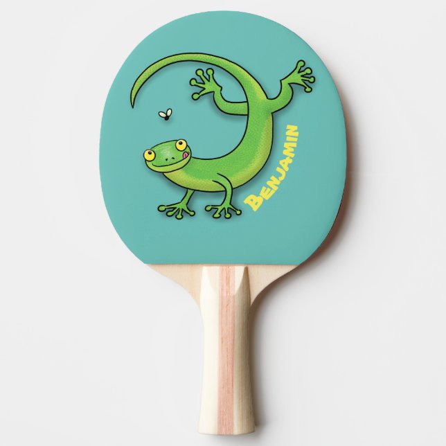 Cute happy green gecko greetings with bug cartoon  ping pong paddle (Front)