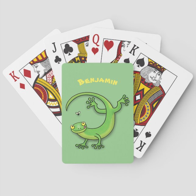 Cute happy green gecko greetings with bug cartoon playing cards (Back)