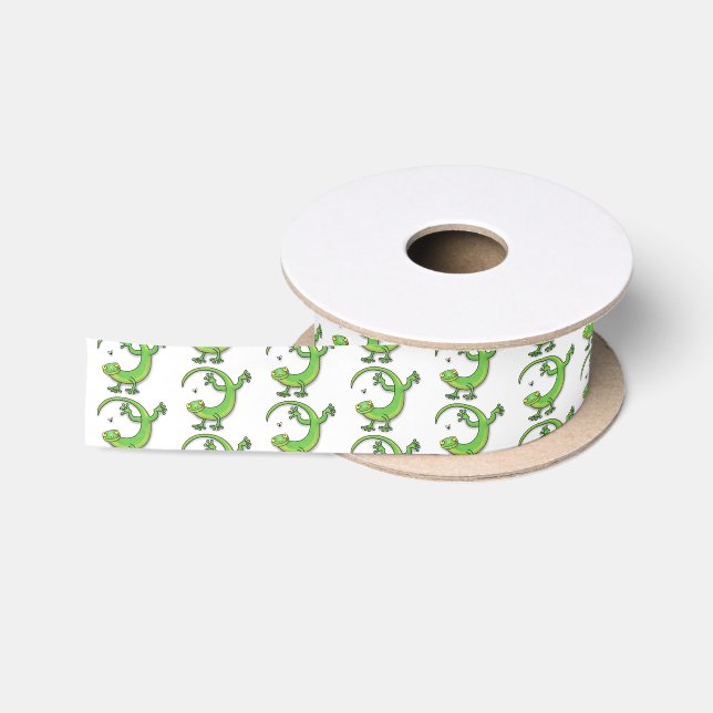 Cute happy green gecko greetings with bug cartoon satin ribbon (Spool)
