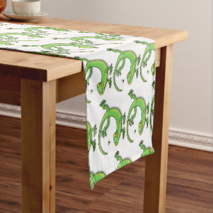 Cute happy green gecko greetings with bug cartoon short table runner