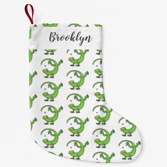 Cute happy green gecko greetings with bug cartoon small christmas stocking (Front)