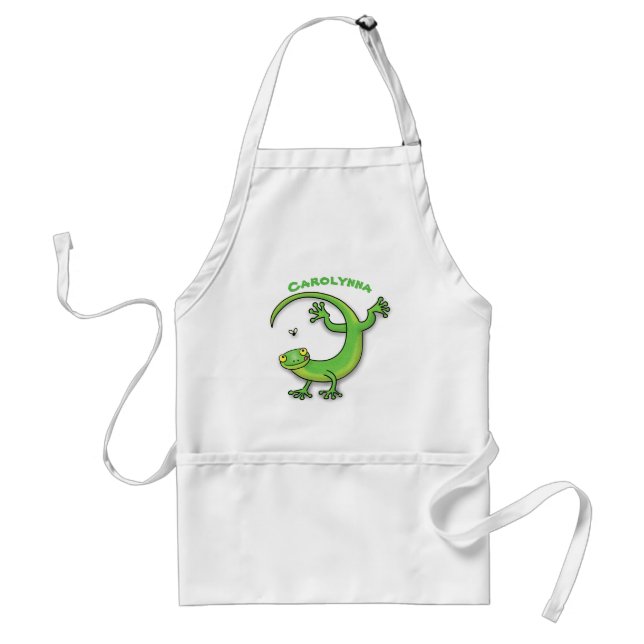 Cute happy green gecko greetings with bug cartoon standard apron (Front)