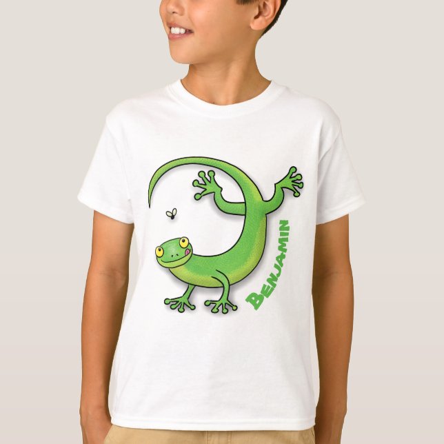 Cute happy green gecko greetings with bug cartoon T-Shirt (Front)