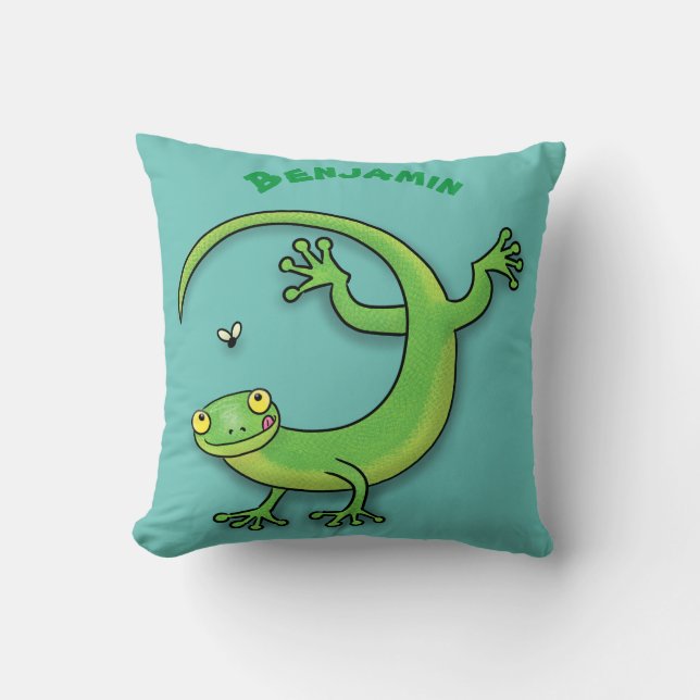Cute happy green gecko greetings with bug cartoon throw pillow (Front)