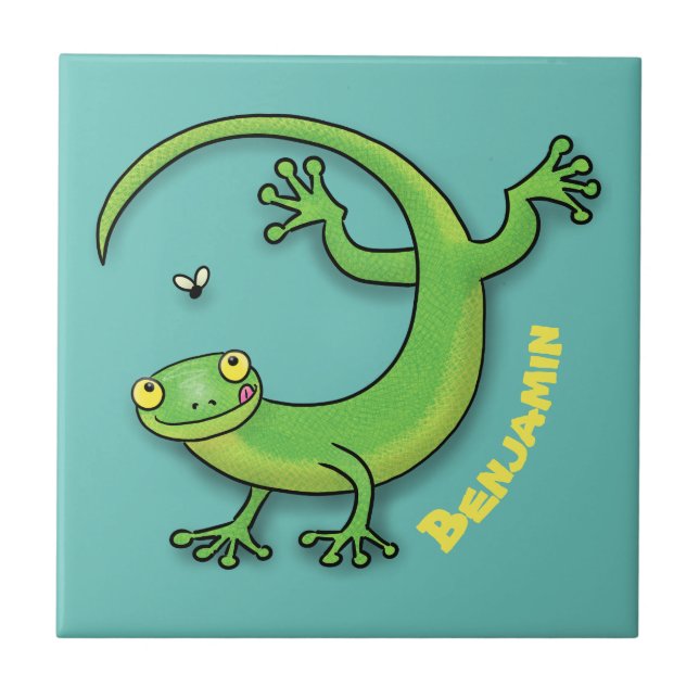 Cute happy green gecko greetings with bug cartoon tile (Front)