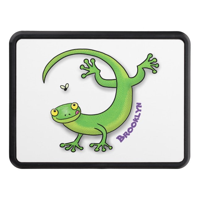 Cute happy green gecko greetings with bug cartoon trailer hitch cover (Front)
