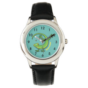Cute happy green gecko greetings with bug cartoon watch