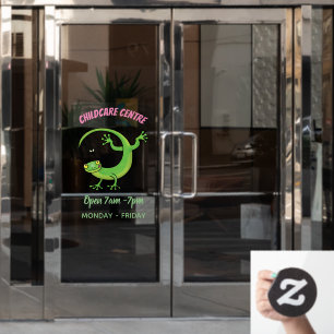 Cute happy green gecko greetings with bug cartoon window cling
