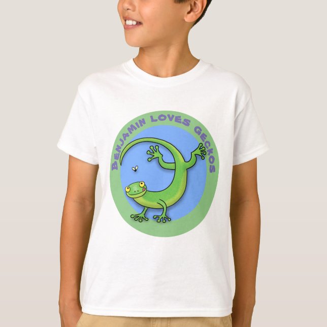 Cute happy green gecko lizard cartoon T-Shirt (Front)