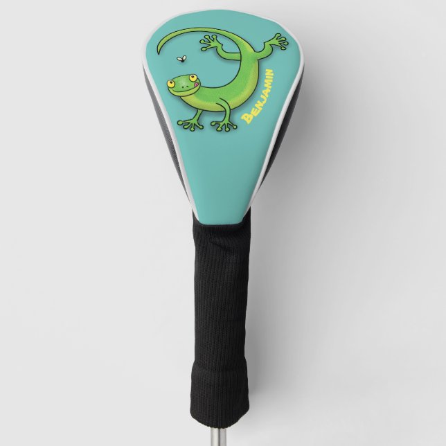 Cute happy green gecko lizard personalized cartoon golf head cover (Front)