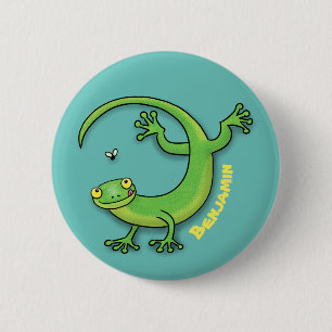 Cute happy green gecko lizard with bug cartoon 2 inch round button
