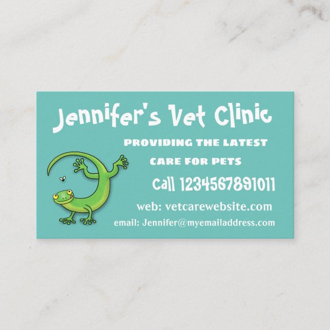 Cute happy green gecko lizard with bug cartoon business card (Front)