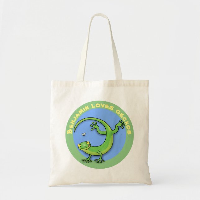 Cute happy green gecko lizard with bug cartoon tote bag (Front)