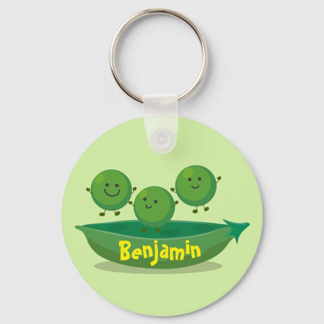 Cute happy green peas and pod cartoon illustration keychain (Front)