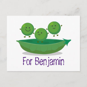 Cute happy green peas and pod cartoon illustration postcard