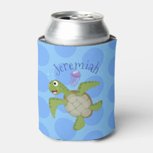 Cute happy green sea  turtle cartoon illustration can cooler