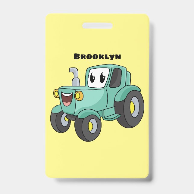 Cute happy green tractor cartoon badge (Front)
