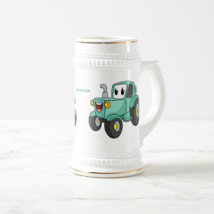 Cute happy green tractor cartoon beer stein
