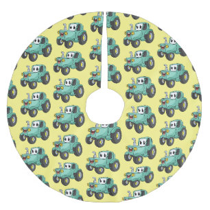 Cute happy green tractor cartoon brushed polyester tree skirt