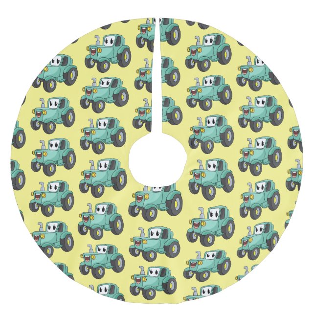 Cute happy green tractor cartoon brushed polyester tree skirt (Front)
