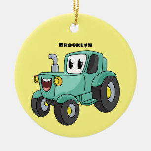 Cute happy green tractor cartoon ceramic ornament