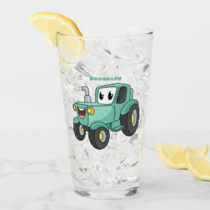 Cute happy green tractor cartoon glass