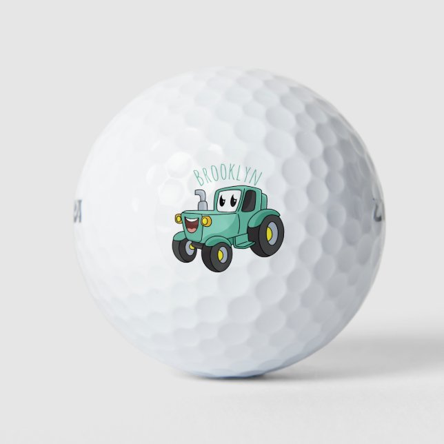 Cute happy green tractor cartoon golf balls (Front)