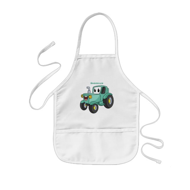 Cute happy green tractor cartoon kids apron (Front)