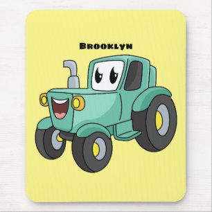 Cute happy green tractor cartoon mouse pad