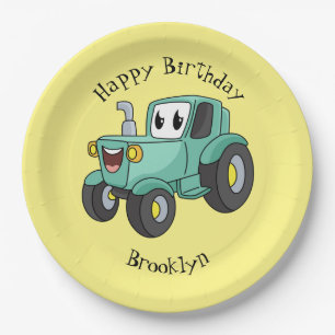 Cute happy green tractor cartoon  paper plate