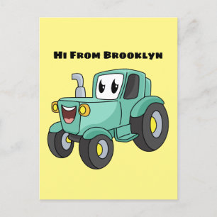 Cute happy green tractor cartoon postcard