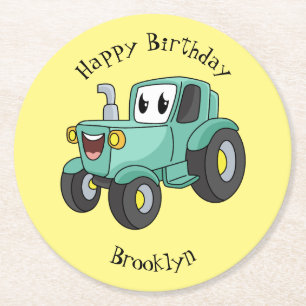Cute happy green tractor cartoon round paper coaster