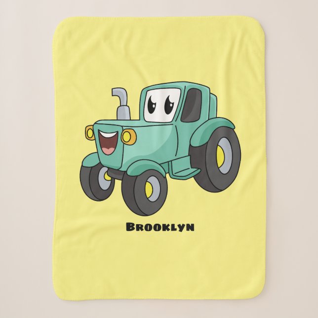 Cute happy green tractor cartoon sherpa blanket (Front)