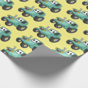 Cute happy green tractor cartoon wrapping paper