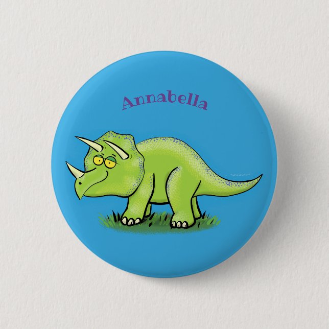 Cute happy green triceratops dinosaur cartoon 2 inch round button (Front)