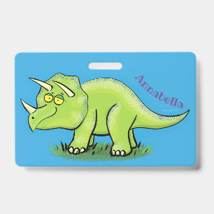 Cute happy green triceratops dinosaur cartoon badge