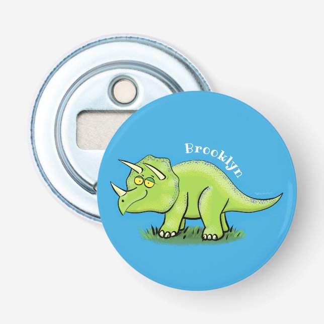 Cute happy green triceratops dinosaur cartoon bottle opener (Front)