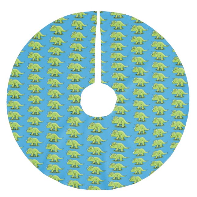 Cute happy green triceratops dinosaur cartoon brushed polyester tree skirt (Front)