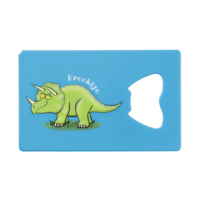 Cute happy green triceratops dinosaur cartoon credit card bottle opener (Front (Horizontal))