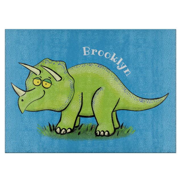 Cute happy green triceratops dinosaur cartoon cutting board (Front)